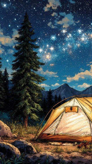 Camping in the forest at night with a view of the stars in the sky Wallpaper