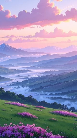 Paisaje estilo anime con atardecer en la montaña entre un rio Fondo de pantalla