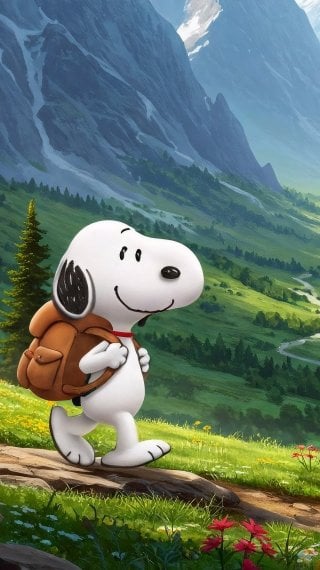 Snoopy walking on a route over mountains Wallpaper
