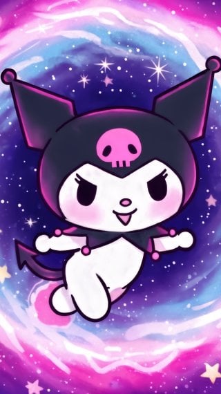 Kuromi pink and blue light ring with sparkling stars in the background Wallpaper