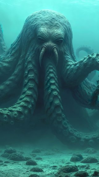 Giant octopus from the depths of the ocean surrounded by ancient sunken ships Wallpaper
