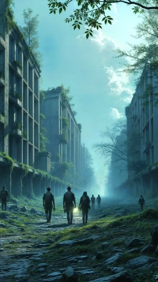 A post-apocalyptic ruined city covered by nature with a group of survivors exploring Wallpaper