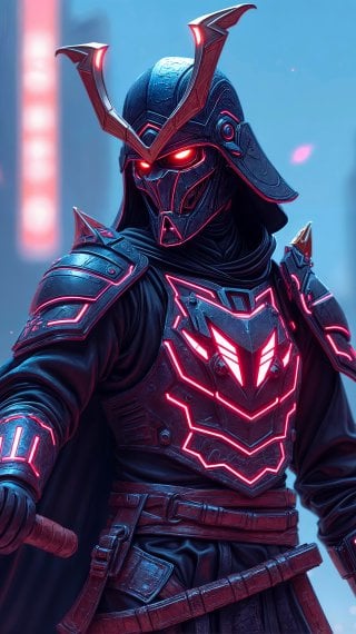 Samurái futurista con luces en katana y armadura Fondo de pantalla