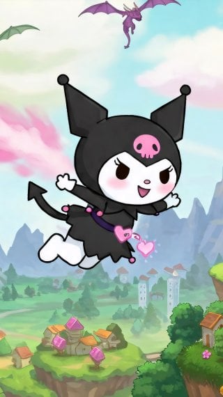 Kuromi en mundo fantasía con dragones Fondo de pantalla