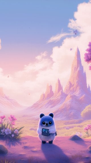Fantasy aesthetic landscape with kawaii characters, flowers, pink and green trees Wallpaper
