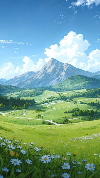 Anime landscape of cabins in the countryside between mountains Wallpaper