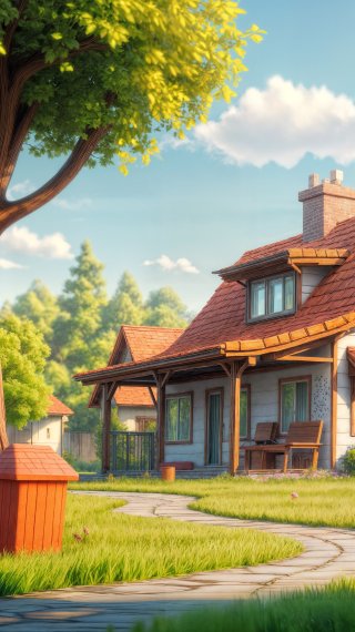 Neighborhood landscape 3D animation houses and trees Wallpaper