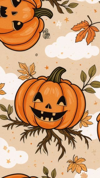 Illustration of cute Halloween pumpkins and autumn leaves pattern Wallpaper