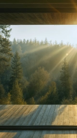 Vista al bosque desde cabaña lujosa al amanecer Fondo de pantalla