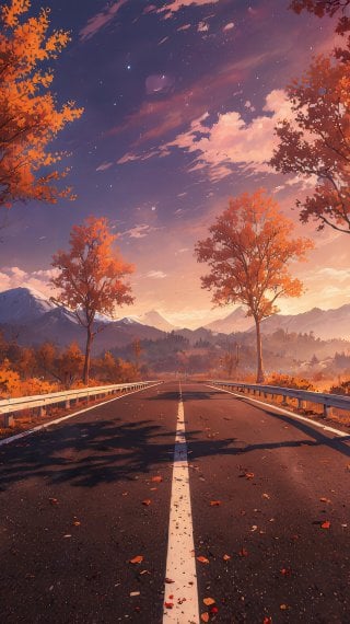 Carretera anime con montañas al fondo al atardecer Fondo de pantalla