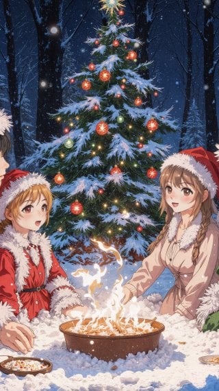 Anime familia celebrando la Navidad en el bosque de invierno Fondo de pantalla