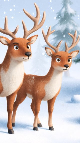 Pair of reindeer in winter forest Wallpaper