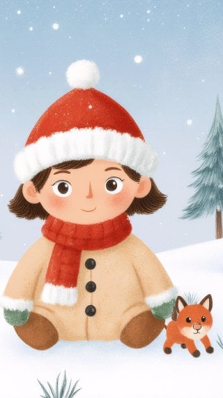 Girl with a little fox in the winter forest Wallpaper