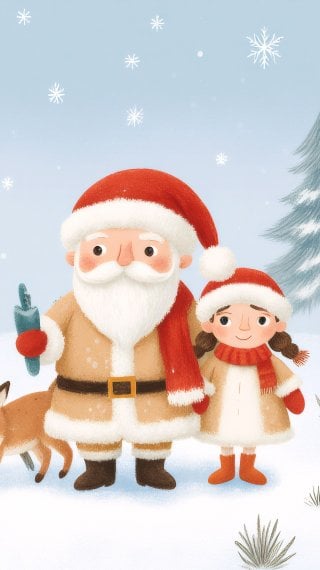 Christmas in the forest with Santa, a girl, and a fox Wallpaper