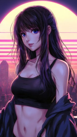 Anime girl in a Retrowave Synthwave-style city Wallpaper