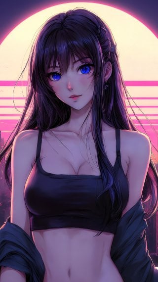Anime girl in a Retrowave Synthwave-style city Wallpaper