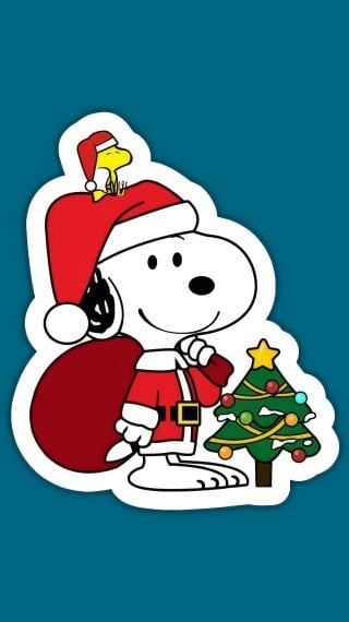 Snoopy and Woodstock dressed as Santa Claus Blue background Wallpaper