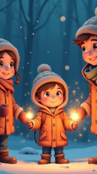 Familia con luces de bengala de noche en un bosque de invierno Fondo de pantalla
