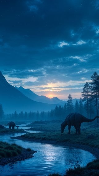 Dinosaurs amidst a landscape of river, forest and mountains Wallpaper