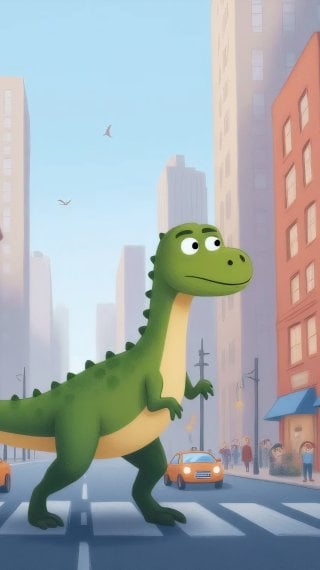 Animated green dinosaur walking through the streets of New York Wallpaper
