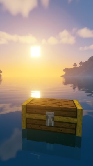 Large Minecraft chest in a sunset lake landscape Wallpaper