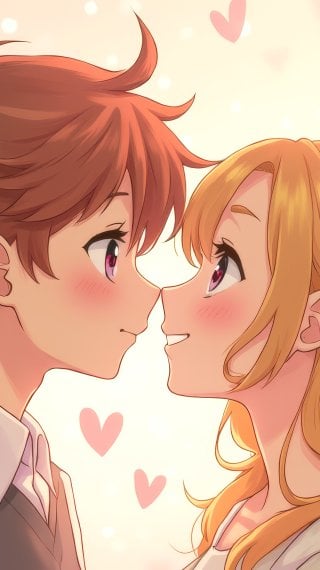 Pareja anime enamorada con fondo de corazones Fondo de pantalla