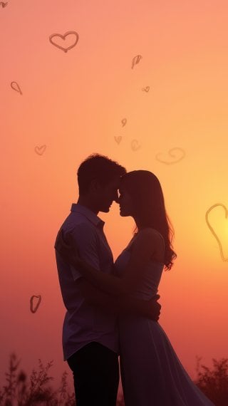 Couple embracing face to face at sunset with hearts Wallpaper