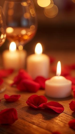 Romantic date with candles, rose petals on the table, and glasses of wine Wallpaper