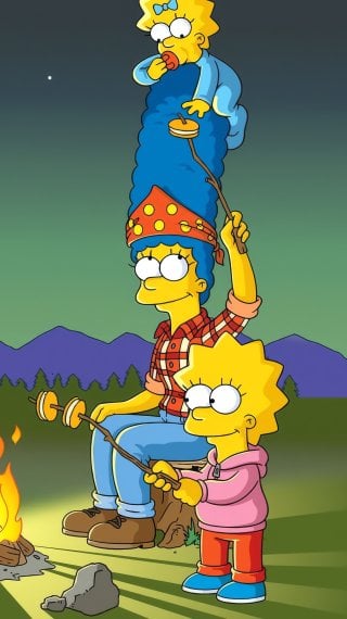 Los Simpson con una fogata en el bosque Fondo de pantalla