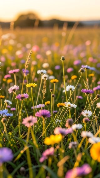 Field full of wildflowers in spring golden evening light Wallpaper