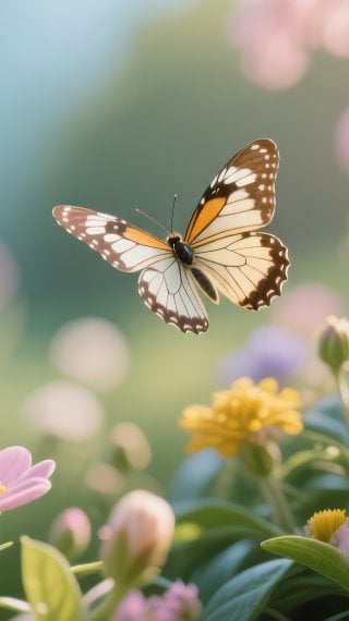 Spring garden with butterflies and bees, fantasy macro photography Wallpaper