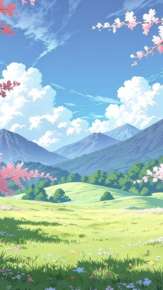 Anime landscape of countryside and mountains among cherry trees Wallpaper