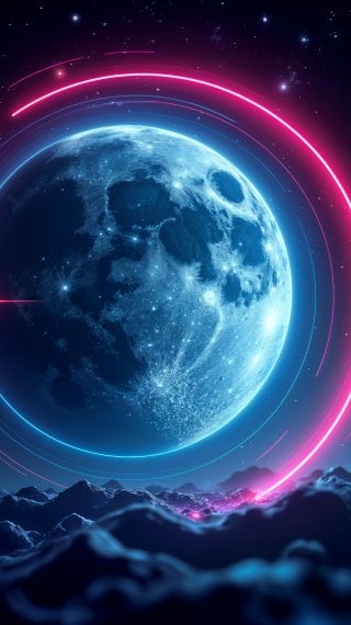 Science fiction moon between neon light rings Wallpaper