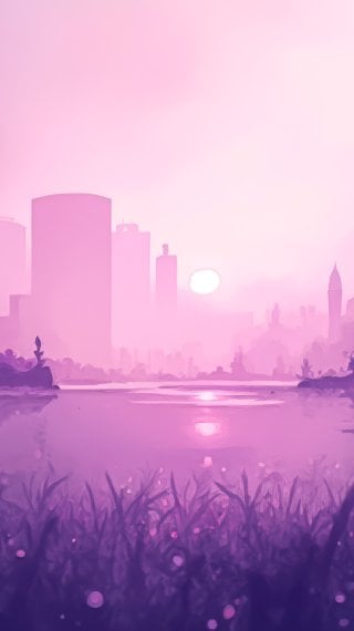 Vista a lago con edificios en colores rosa y morado Fondo de pantalla