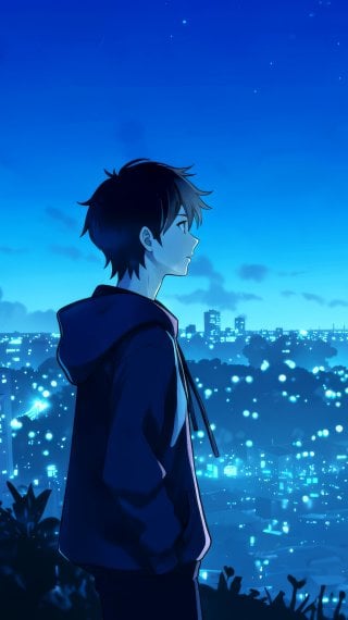 An anime boy gazing up at the city at night Wallpaper