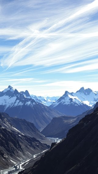 Valle montañoso cubierto de nieve con cielo azul y nubes dispersas Fondo de pantalla