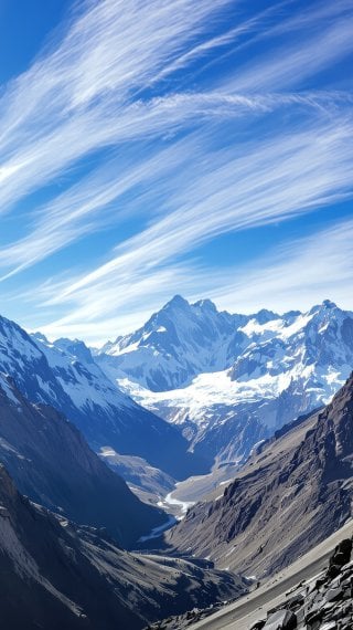 Valley with snow-capped mountains and a blue sky Wallpaper