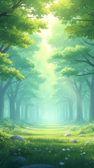 Forest with tall trees, fog, and warm light Wallpaper
