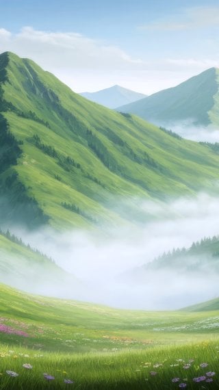 Gran campo entre valle con flores y pinos Fondo de pantalla