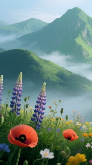 Campo de flores entre valles con montañas y niebla Fondo de pantalla