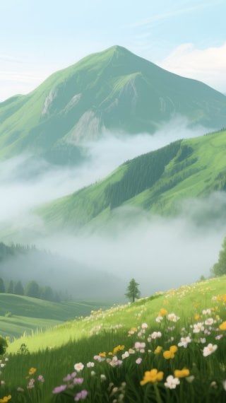 Mountainous countryside with flowers in spring Wallpaper