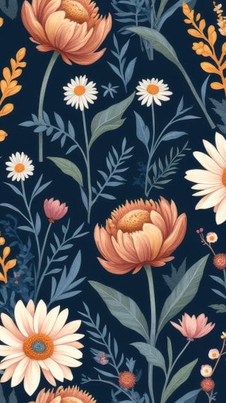 Botanical illustration featuring wildflowers and leaves Wallpaper