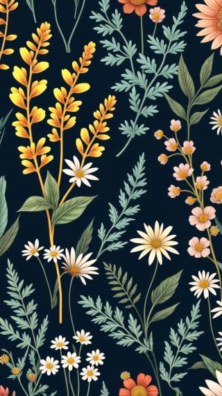 Botanical illustration featuring wildflowers and leaves on a dark background Wallpaper