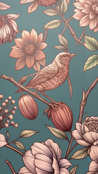 Diseño Vintage pájaro sobre diseño floral con brillo semi metalizado Fondo de pantalla