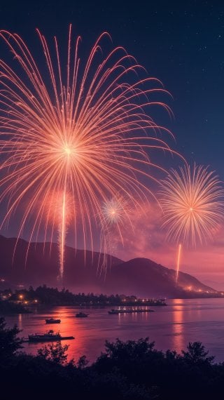 Anochecer rosa con fuegos artificiales en la costa de lago Fondo de pantalla