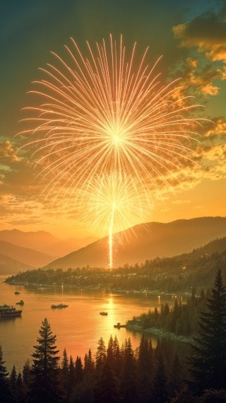 Sunset in the forest with a lake and fireworks Wallpaper