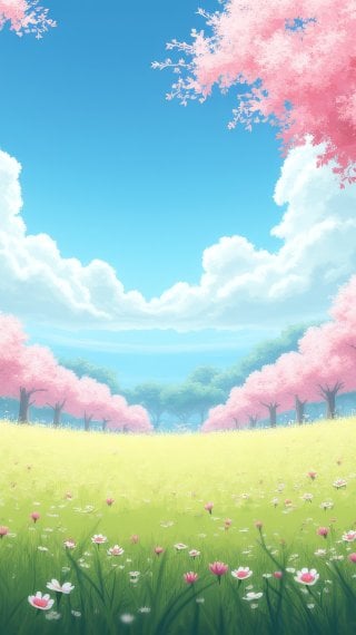 Primavera campo con árboles de flor de cerezo Fondo de pantalla