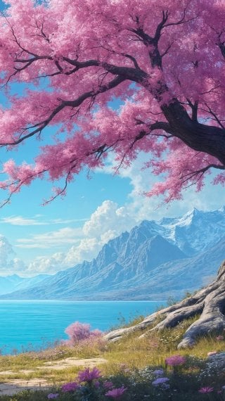 A cherry blossom tree between the lake and the mountains Wallpaper