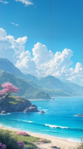 A beach lined with cherry blossoms (sakura) by the sea Wallpaper