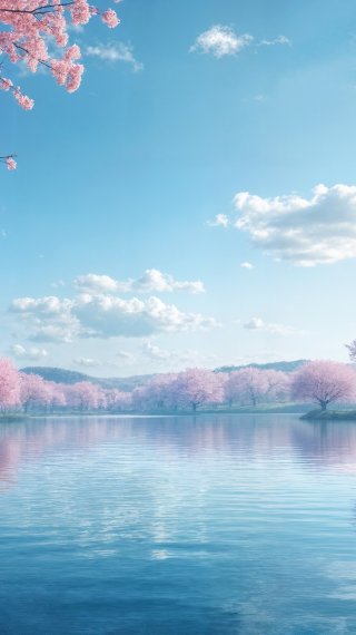 Lake Surrounded by Cherry Blossom Trees in Spring Scenic Landscape Wallpaper